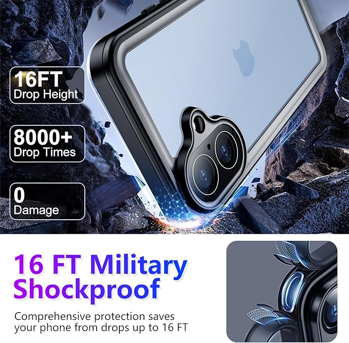 Compatible with iPhone 17 Case,Waterproof Built-in Screen & Camera Protector IP68 Underwater Full Body 17FT Military Dropproof Shockproof Phone Case 6.3"-Blue/Clear