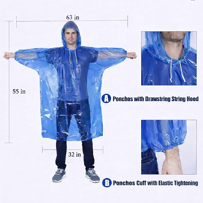Mindful Design Rain Ponchos with Drawstring Hood Disposable Emergency Poncho for Adults