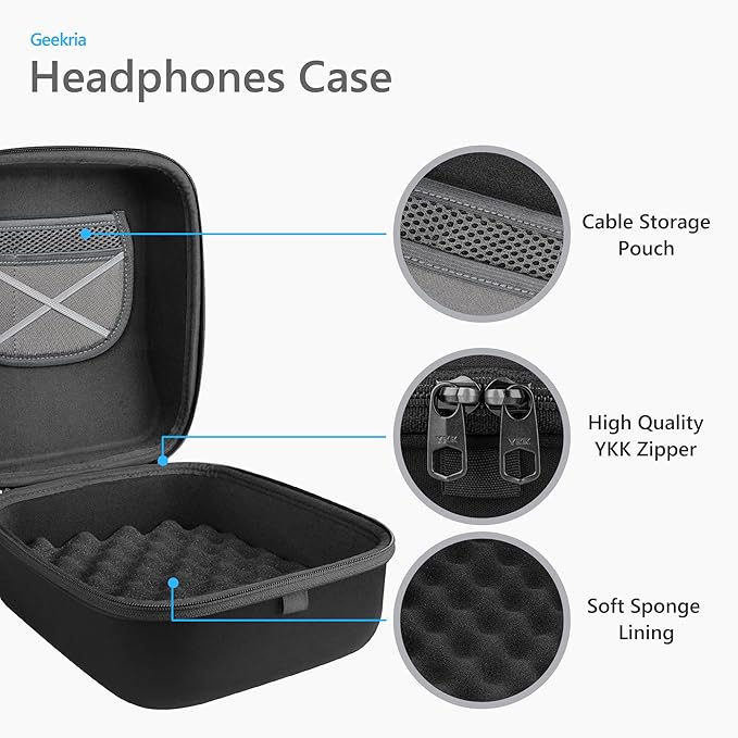 Geekria Shield Case for Large-Sized Over-Ear Headphones, Replacement Protective Hard Shell Travel Carrying Bag with Cable Storage, Compatible with Beyerdynamic DT880Pro, AKG K701 Headsets