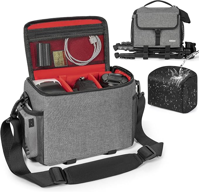 GMAK Camera Bag for Photographers, Anti-shock Camera Shoulder Bags with Water-resistant Rain Cover, Camera Case Compatible for DSLR/SLR/Mirrorless Cameras, 9'' × 4.7'' × 7.5'', Grey