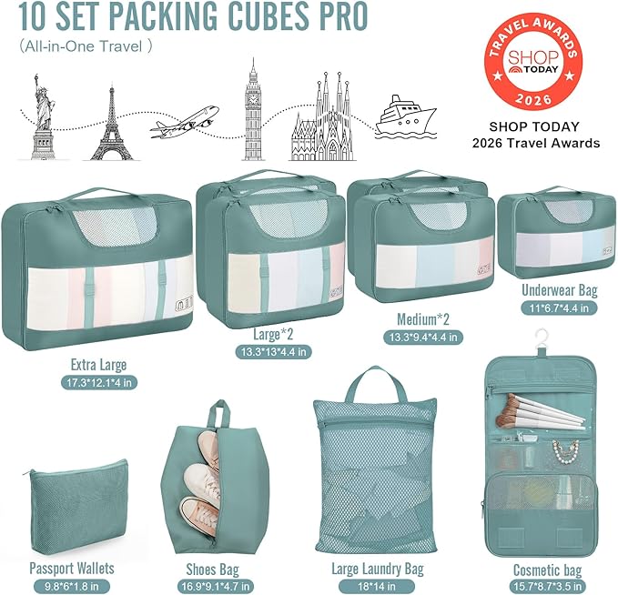 Veken 10 Set Packing Cubes for Travel Essentials,Anti-Wrinkle Buckled Suitcase Organizer for Shoe & Toiletry Bag,Carry On Luggage Bag for Airplane & College Dorm Room Accessories,Women Men Gifts