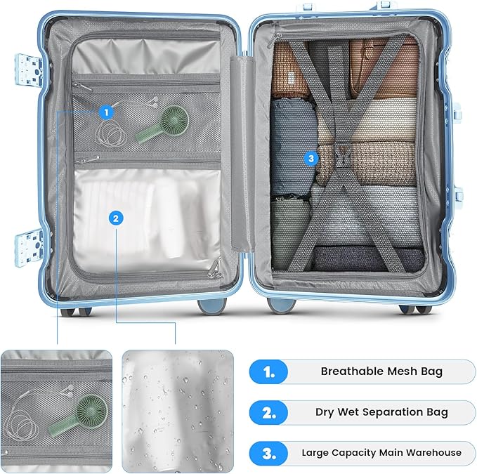 20 Inch Carry on Luggage with Cup Holder, Airline Approved 22x14x9 Aluminum Frame PC Hard Shell Suitcase, 360° Spinner Wheels, TSA Lock for Short Trips and Business Travel