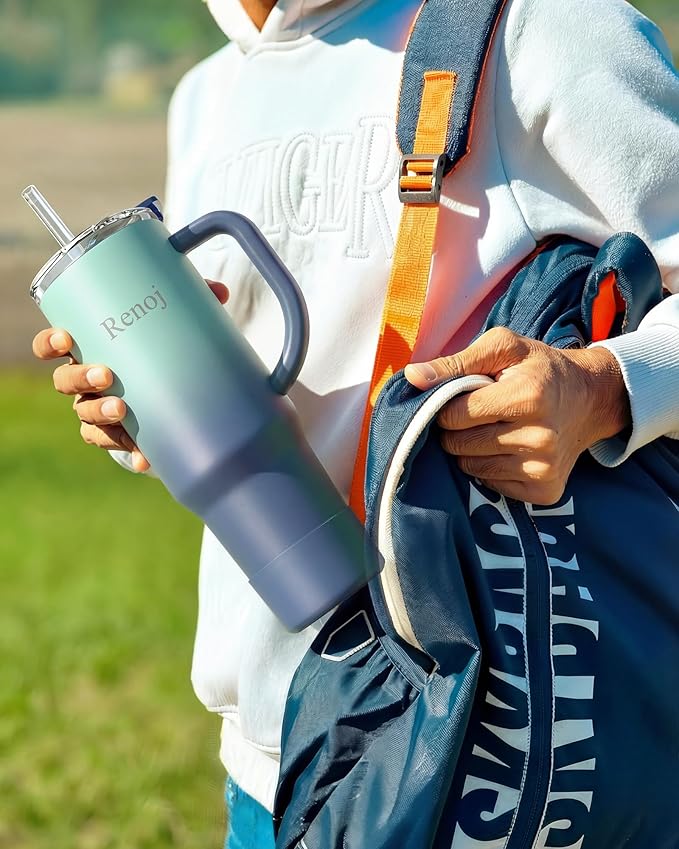 Renoj Insulated Mug 100% Leak Proof Insulated Water Bottle for Iced Coffee & Hot Drinks - Fits Car Cup Holder, Ideal Gift, 2 Straws & Silicone Boot - SnapShift Blue Gradient 32 oz