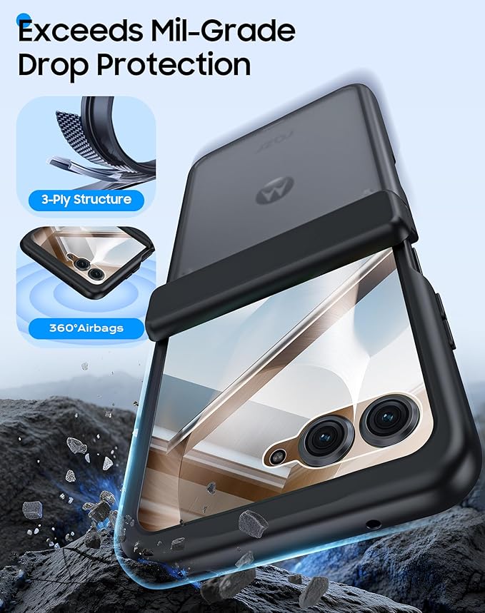 for Motorola Razr 2025 Case/Razr 2024 Case with Hinge Protection, Screen Protector, Ultra-Thin Skin Feel Translucent Frosted, Shockproof Cover for Razr 2025/2024-Black (NOT for Plus/Ultra)