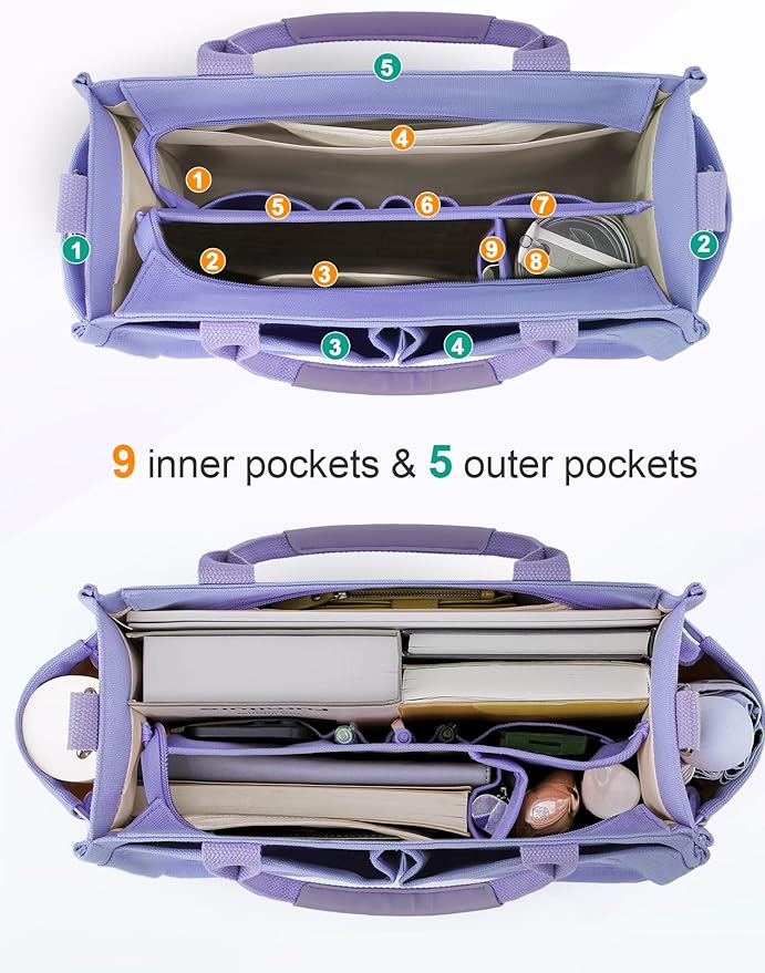 FIORETTO Womens Canvas Tote Bag Purse with Individual Compartment, Zipper Top, Reinforced Bottom & Luggage Sleeve
