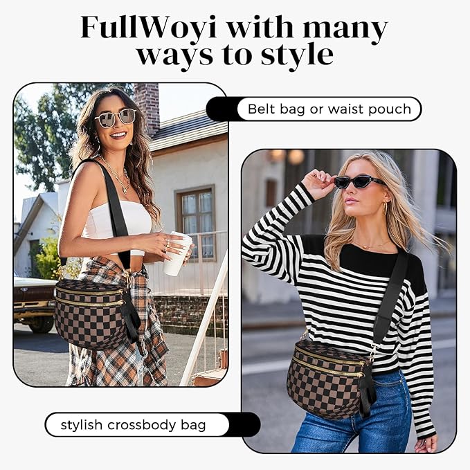 Spacious Nylon Checkered Crossbody Bum Bag for Women, Fashion Checkerboard Fanny Pack Purse with Anti-theft Pocket, Adjustable Wider Strap Wasit Bag (Black-Brown)
