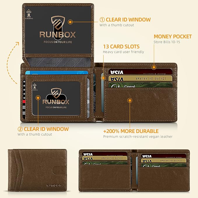 RUNBOX Wallet for Men -Slim Rfid Leather Mens Bifold Novelty Wallets 2 ID Window With Gift Box Men's Accessories | Slim