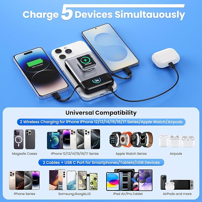 Ekrist Magnetic Portable Charger for MagSafe with Built-in Cable,iWatch Charger,Wireless Power Bank Travel Essentials,25W Fast Charging Battery Pack for iPhone 17/16/15,Apple Watch(Sliver,10800mAh)