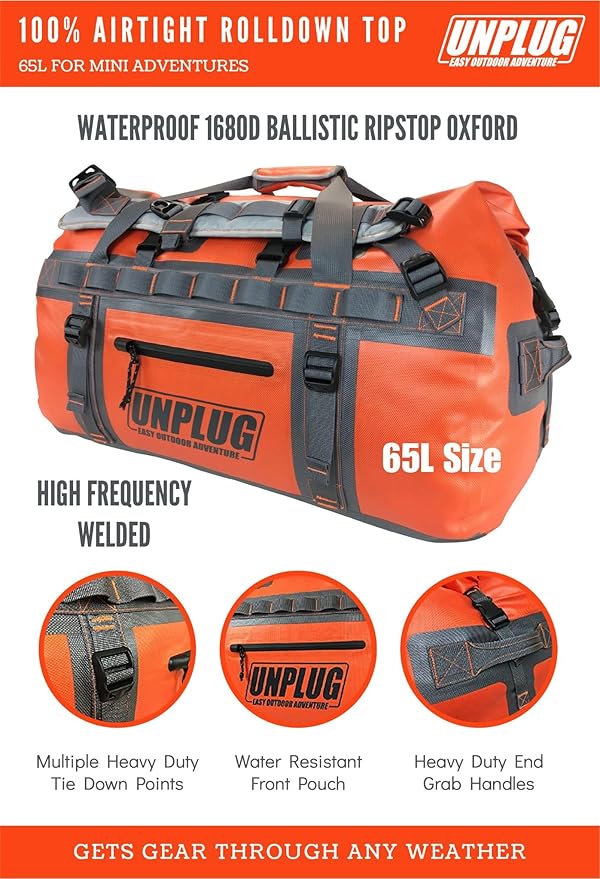 UNPLUG Ultimate Adventure | 1680D Heavy Duty Waterproof Bag | Large Travel Bag which can be Used for Camping, Motorcycling, Boating, or Hunting| 65L Adventure Orange