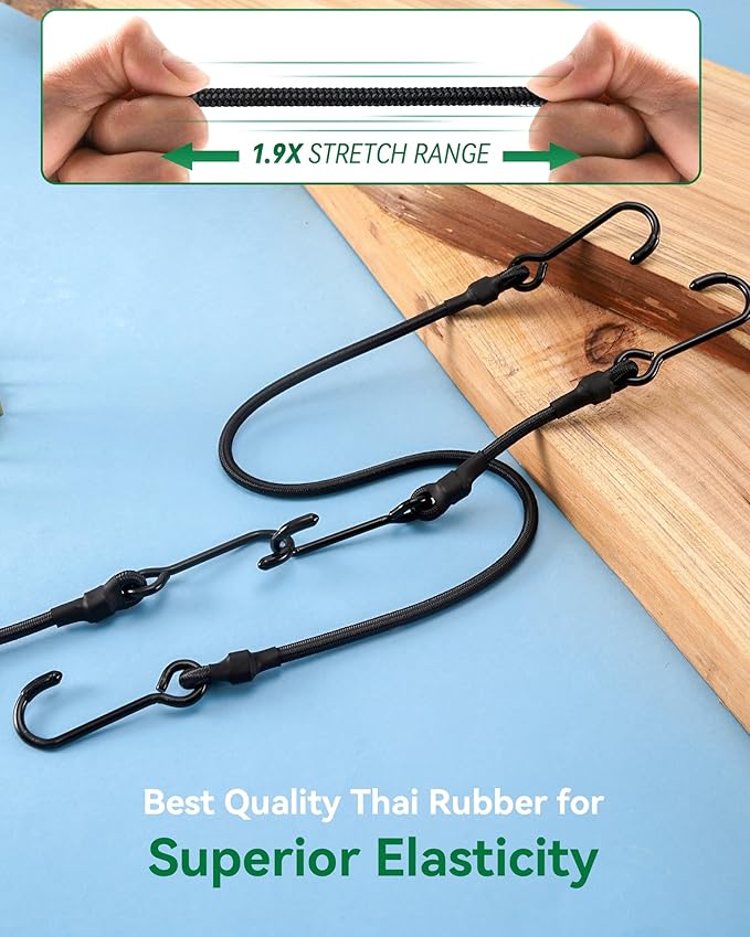 180 Lbs Real Heavy Duty Bungee Cords with Rust Resistant Steel Hooks, 36 Inch Black Bungee Straps with 1.9x Stretch & UV Protection, Perfect for Camping, Tarps, Tent, Bike, Luggage (3 Pcs)