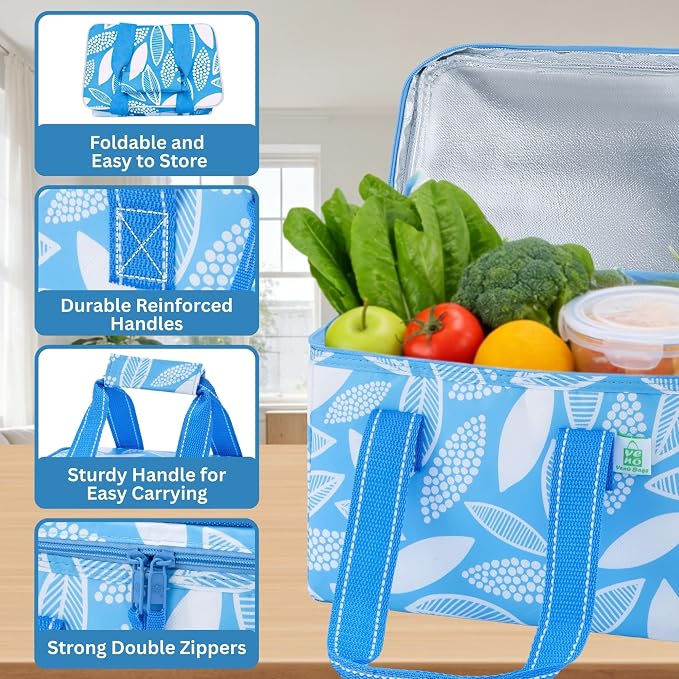 VENO 2 Pack Insulated Lunch Bag Cooler Lunch Box Reusable Grocery Shopping Tote Bag, Durable Handles, Double Zippers, Lid, Collapsible, 2.5 Gallon/9L Capacity (Spring Breeze)