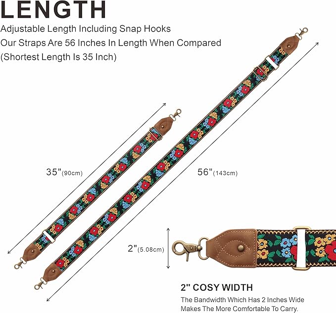 Nefelibata Purse Strap-2"Crazy Horse Leather Bag Strap Adjustable Replacement,Retro Jacquard Embroidery Crossbody Straps