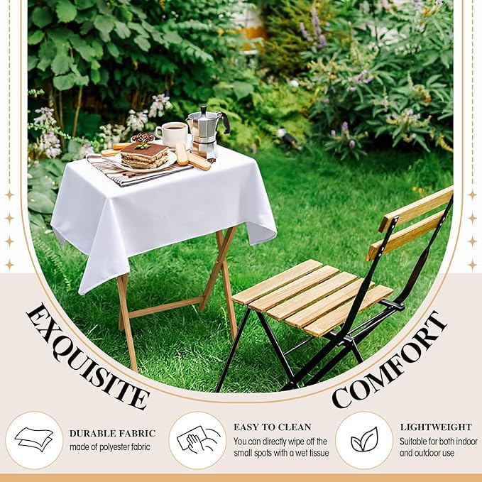 Oudain 2 Pcs 36 x 36 Inch Small Tablecloth Washable Fabric Folding TV Tray Table Cloth Polyester Solid Color Nightstand Cover for Bedside Table Side Outdoor Indoor(White, Classic Edge)
