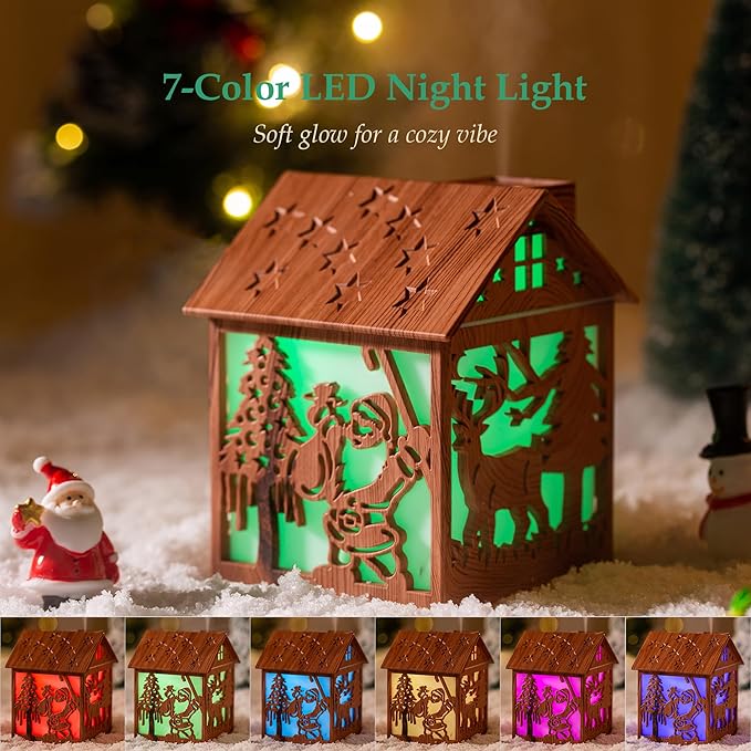 Christmas Wooden House Humidifier - 240ml Cool Mist Mini Humidifier with Santa Claus LED Design, 7-Color Lights, USB Powered, Auto Shut-Off, Holiday Decor Gift for Bedroom, Home, Office (Dark Wood)