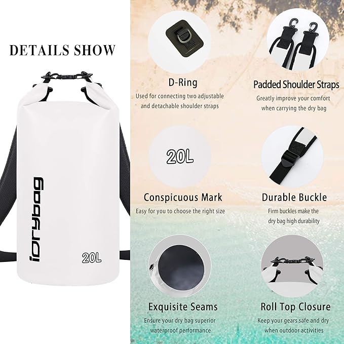 IDRYBAG Dry Bag for Kayaking Waterproof 2L/5L/10L/15L/20L, Small Dry Sack Waterproof Bag for Boating