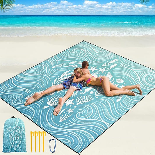 WIWIGO Beach Blanket Waterproof Sandproof Beach Mat 79" X 83"/10'x9'for 2-8 Adults Quick Drying Outdoor Picnic Mat Beach Accessories for Travel, Camping, Hiking