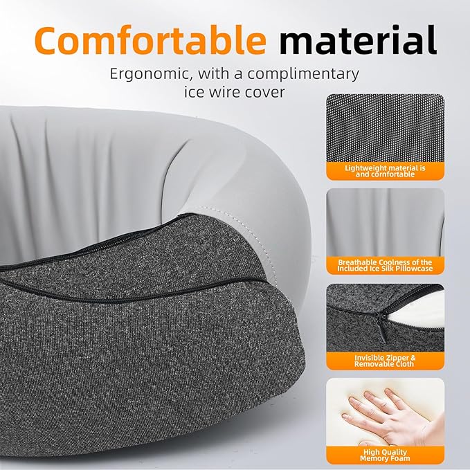 Travel Neck Pillows for Airplanes, Premium 100% Memory Foam Neck Pillow with Alternative Skin-Friendly Silk Cover - Upgrade Liner Enables Easy Pillowcase Cleaning, Travel Pillow Fits Plane, Car, Train