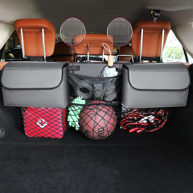 Deluxe Trunk Organizer for Car Small SUV, Backseat Hanging Trunk Organizer, Waterproof Collapsible Car Storage Bag with 6 Pockets, Reinforced No-Sag Design (Grey, Compact & Mid Size SUV)