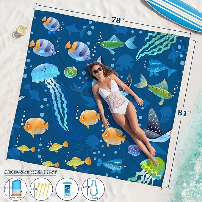 Famstar Beach Blanket Oversized Extra Large 78"X81"/10'X9',Waterproof Sandproof Beach Blanket 2-8 Adults Lightweight Durable for Travel Camping Hiking Picnic
