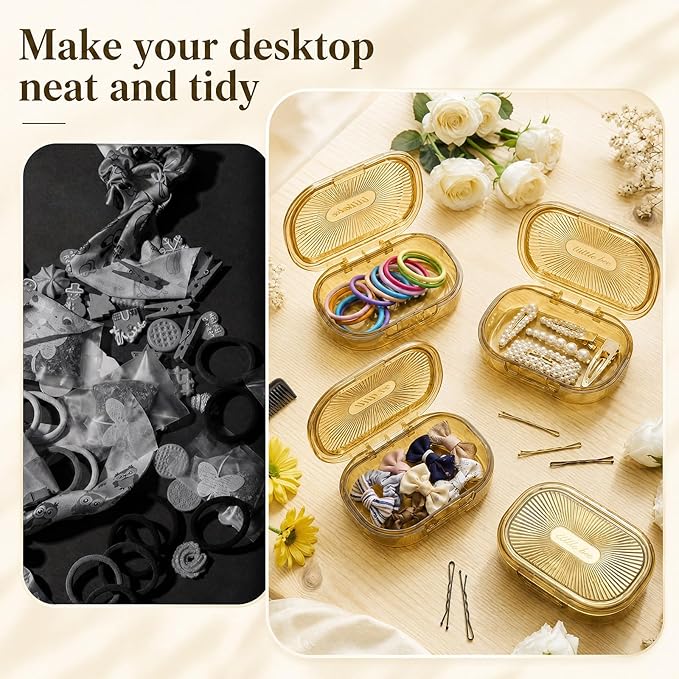 Kigley 4 Pcs Hair Tie Container Small Portable Travel Cotton Swab Holder Dispenser with Lid Plastic Box Storage Containers for Small Items, 3.94 x 2.76 Inch (Yellow)