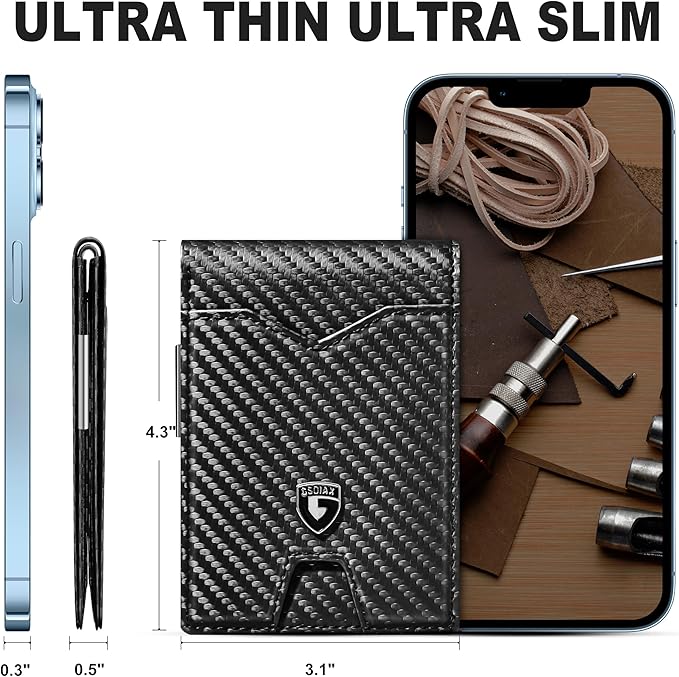 GSOIAX Slim Wallet for Men Rfid Blocking Leather Bifold Front Pocket Carbon Fiber Men's Money Clips Credit Card Holder With Gift Box