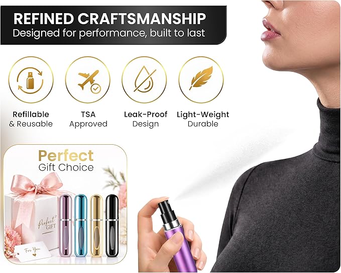 4 Pcs Refillable Perfume Atomizer, Travel Perfume Bottle Refillable and Leak-Proof, Portable Empty Cologne Atomizer, Mini Refillable Perfume Bottle for Pocket, Easy to Refill Decant Sprayer (5 ml)