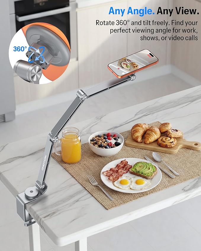 OMOTON Tablet Stand for iPad with 360° Rotation, GH04 Aluminum Alloy Long Arm Phone Mount with Magnetic Phone Head & Plastic Tablet Clamp, Adjustable Holder for 4-13" iPad Pro/iPhone, Grey