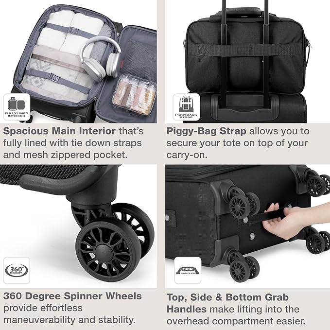 U.S. Traveler Rio Lightweight Softside Rolling Carry-on Suitcase, 4-Wheel Set, Black