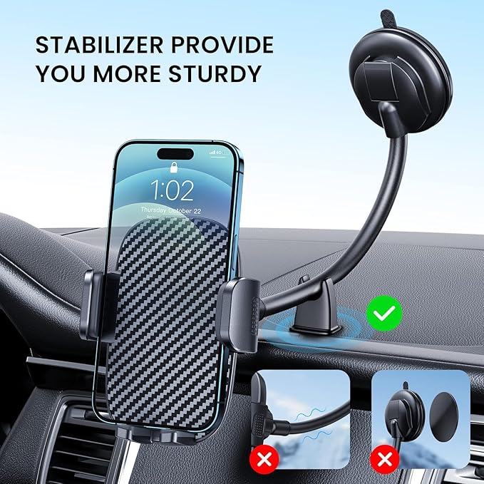 Car Phone Holder - Flexible Gooseneck Long Arm Phone Mount for Windshield with Washable Strong Suction Cup for All iPhone Android Smartphone