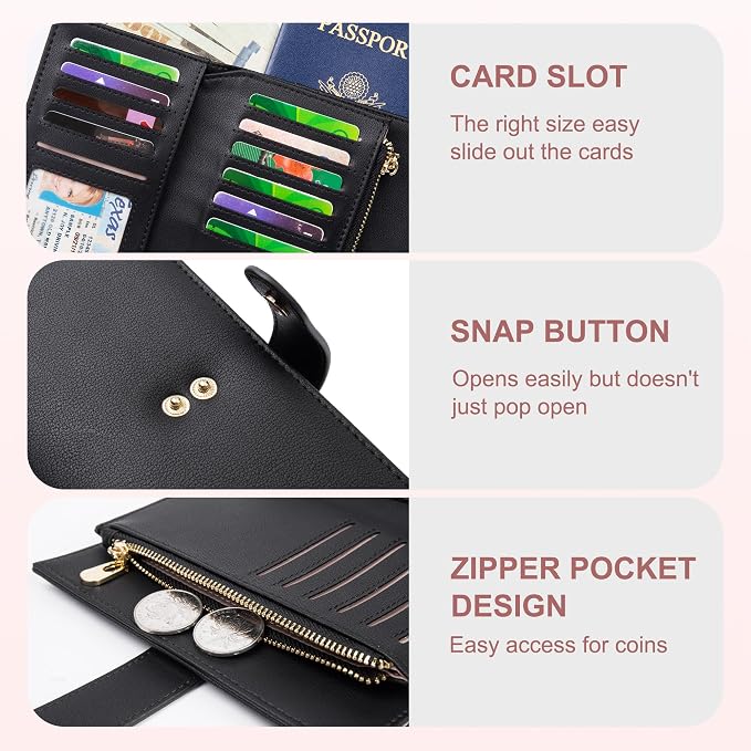 yiijay Wallet Women RFID Blocking Leather Trifold Clutch Wallet Credit Card Holder Ladies Travel Wallet Purse with Pen Holder