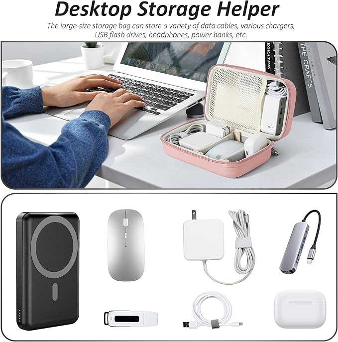 Charger Case for Macbook, Portable Tech Electronic Organizer Bag, Small Travel Storage Pouch for Laptop Accessories, MacBook Power Adapter, Charging Cords, USB Drives, Power Bank (Pink, XL)