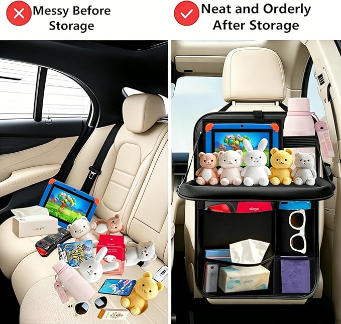 TCJJ Car Seat Organiser, Car Organiser Back Seat for kids, Car Backseat Seat Kick Protector with Tray and Touch Screen Tablet Storage Pockets Black/2 Pack