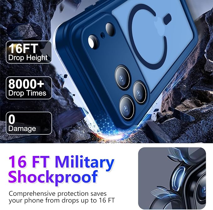 Magnetic Compatible with iPhone 17 Pro Max Case,Waterproof Built-in Screen & Camera Protector IP68 Underwater Full Body Military Dropproof Translucent Matte Phone Case 6.9"-Mag/Blue