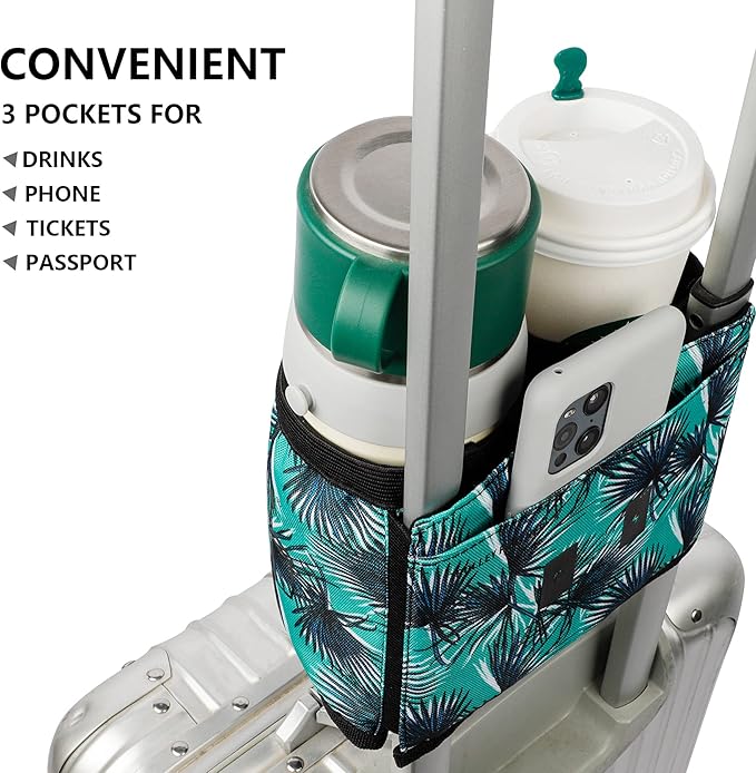riemot Luggage Travel Cup Holder Free Hand Drink Carrier - Hold Two Coffee Mugs - Fits Roll on Suitcase Handles - Gifts for Flight Attendants Travelers Accessories Vacation Leaf