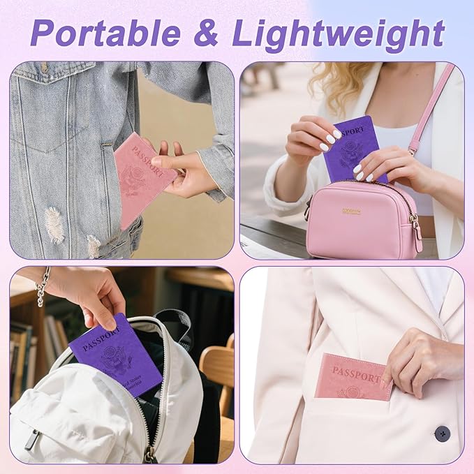 Passport Holder for Travel, 2 PCS Passport Holder, Travel Passport Holders Must Haves for Women Men, Pink and Purple Passport Cover Passport Wallet Case Holders for Travel Cruise Ship Essentials Gifts