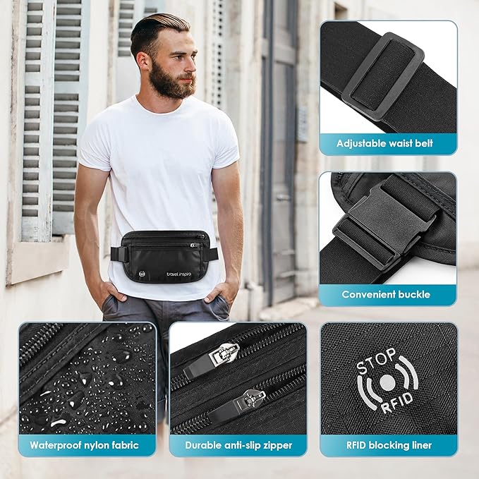 travel inspira Travel Money Belt with Anti-Theft Zipper Upgrade Larger Slim Travel Pouch with RFID Blocking Fabric to Protect Credit Cash, Passports, and Documents, Black