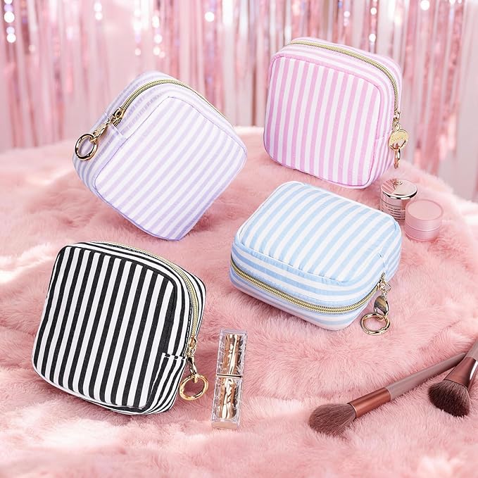 Stripes Period Bag, Small Period Pouches for Teen Girls, Quilted Sanitary Napkin Storage Bag, Compact Discreet Pad and Tampon Holder for Purse (Large Stripes-Black)