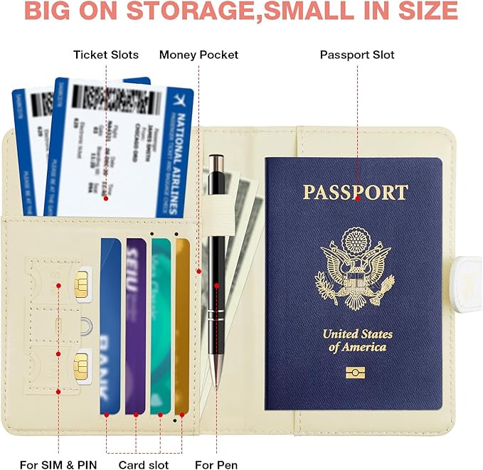 Passport Holder with Airtag Slot, RFID Blocking Leather Cover Wallet for Travel Essentials, Cute Passport Book with Magnetic Buckle, Travel Accessories for Women