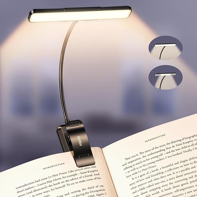 Gritin 2026 Gen 2 Book Light for Reading- 32 Eye Caring Full Spectrum LED, 5 Colors & 5 Brightness, Adjustable Wide/Narrow Beam, Upgrade 1500mAh Long-Lasting Rechargeable Clip on Light for Book Lovers
