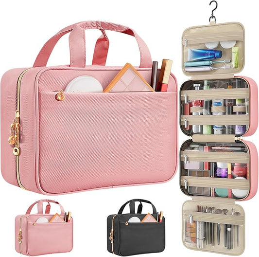 Travel Toiletry Bags, Portable Travel Bag with Hanging Hook for Women, Waterproof and Hanging Makeup Bag Travel Organizer Accessories for Travel Essentials (Pink, Medium)