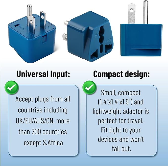 Bates- UK to US Plug Adapter, 2 Pack, Blue and Red, EU to US Plug Adapter