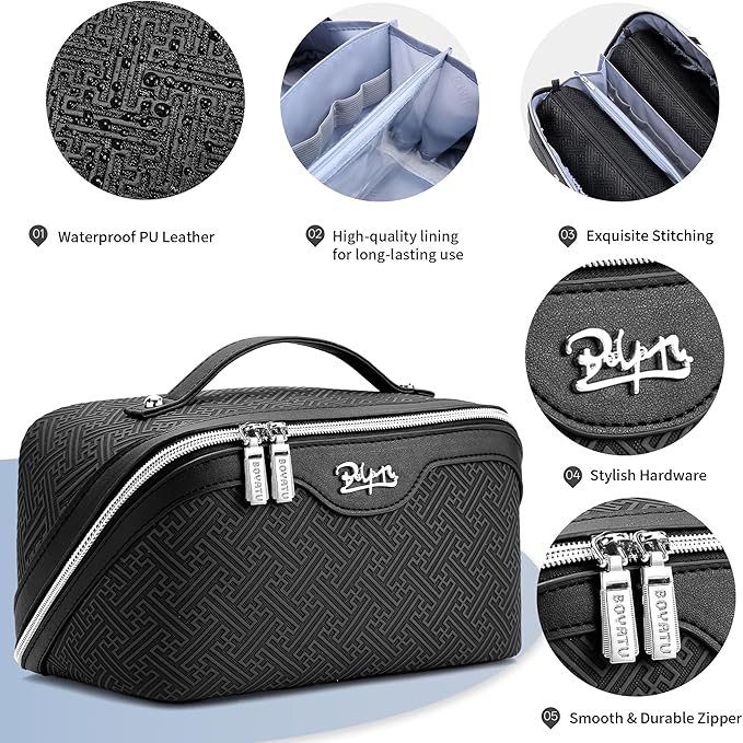 BOYATU Travel Makeup Bags for Women: Vintage Roman Column Texture Large Capacity Cosmetic Bag - Each Journey, Quiet Luxury Serenity - 3 Pcs Set Organizer Toiletry Purse 50% Extra Storage(Black)