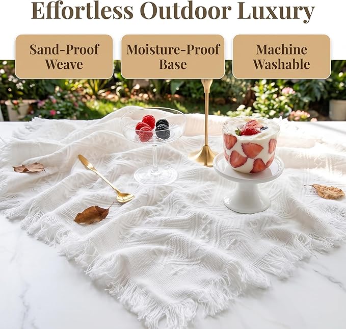 70x70 Bohemian Picnic Mat Extra Large, Sand Proof Outdoor Camping Blanket Machine Washable, Lightweight Portable Travel Tarp for 5-7 Adults Beach Park Grass (White-T-Grid)