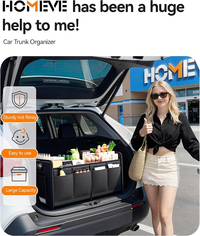 Homeve Car Trunk Organizer for SUV, Small Compact Size No-Sag Heavy Duty, 7 Pockets Foldable Waterproof Anti-Slip Storage, Fit Sedan, Truck, Front Seat, Universal Car Accessories, Black, 2 Compart
