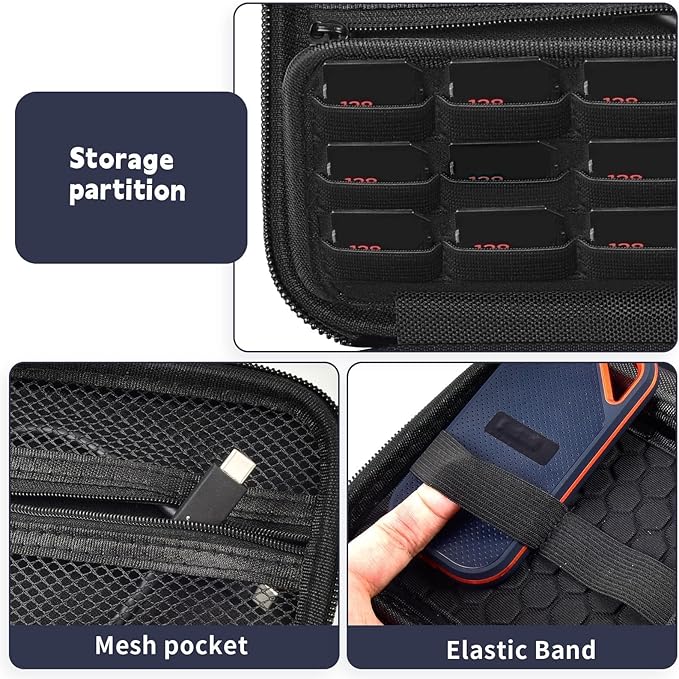 PAIYULE Case Compatible with SanDisk Extreme new and Old Model/Extreme PRO Portable SSD 500GB 1TB 2TB 4TB 8TB, Hard Travel Storage Case Holds 2 SSDs, 12 SD Card Slots, Cable Organizer, Black