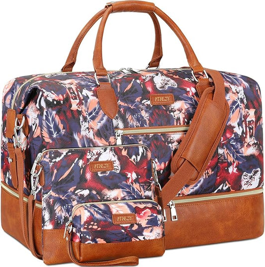 ITIEZY Weekender Overnight Bag for Women - Large Travel Duffel Bag with Shoe Compartment, Gym Duffel Bag Hospital Bag Carry On Tote Bags for Airplanes with Crossbody Bag Toiletry Bag 3Pcs Set