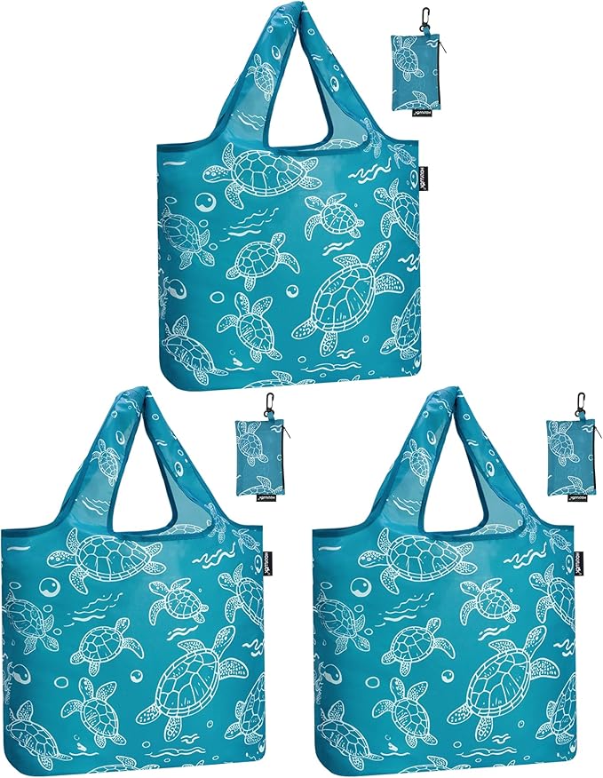 HOLYLUCK Reusable Grocery Bags,Heavy Duty Foldable Shopping Tote Bag (Standard, 3 Turtle)