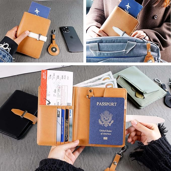 Passport wallets, Mulit-purpose RFID Blocking Passport Holder AirTag Wallet, Travel Wallet Cover Case（Brown）