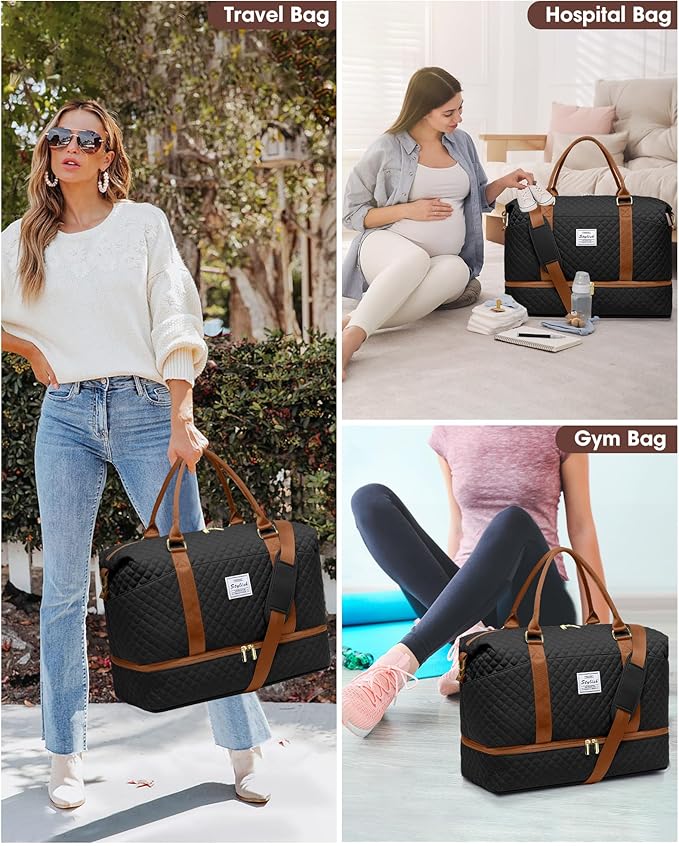 Travel Duffle for Women Weekender Bags - Large Duffel Overnight Bag with Shoe Compartment Carry on Tote Toiletry Weekend Yoga Gym Bags with Wet Pocket Hospital for Labor and Delivery Black Brown