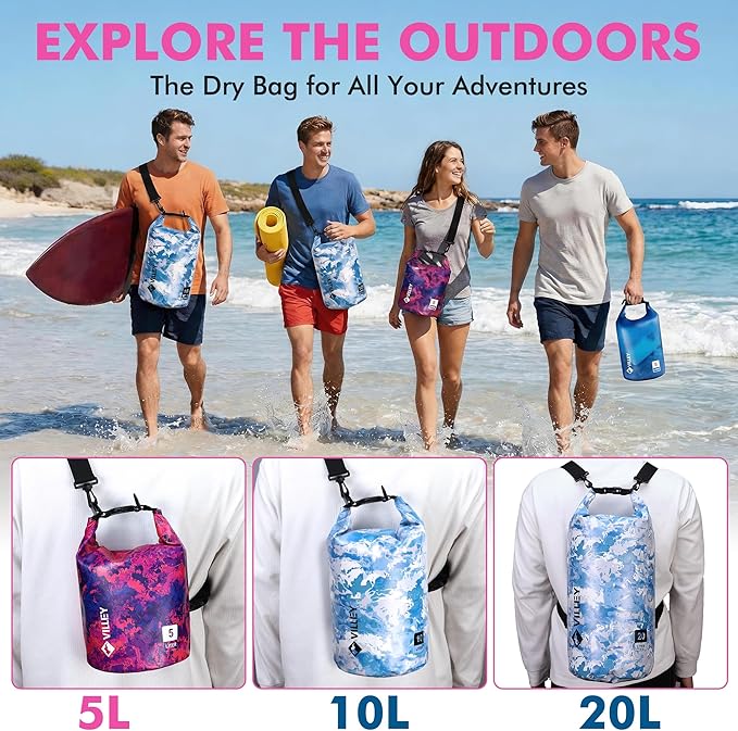 VILLEY Dry Bag Waterproof 5L Roll Top Storage Backpack, Keeps Gear Dry Lightweight Backpack for Kayaking Boating Camping Swimming and Beach Accessories Purple Camo